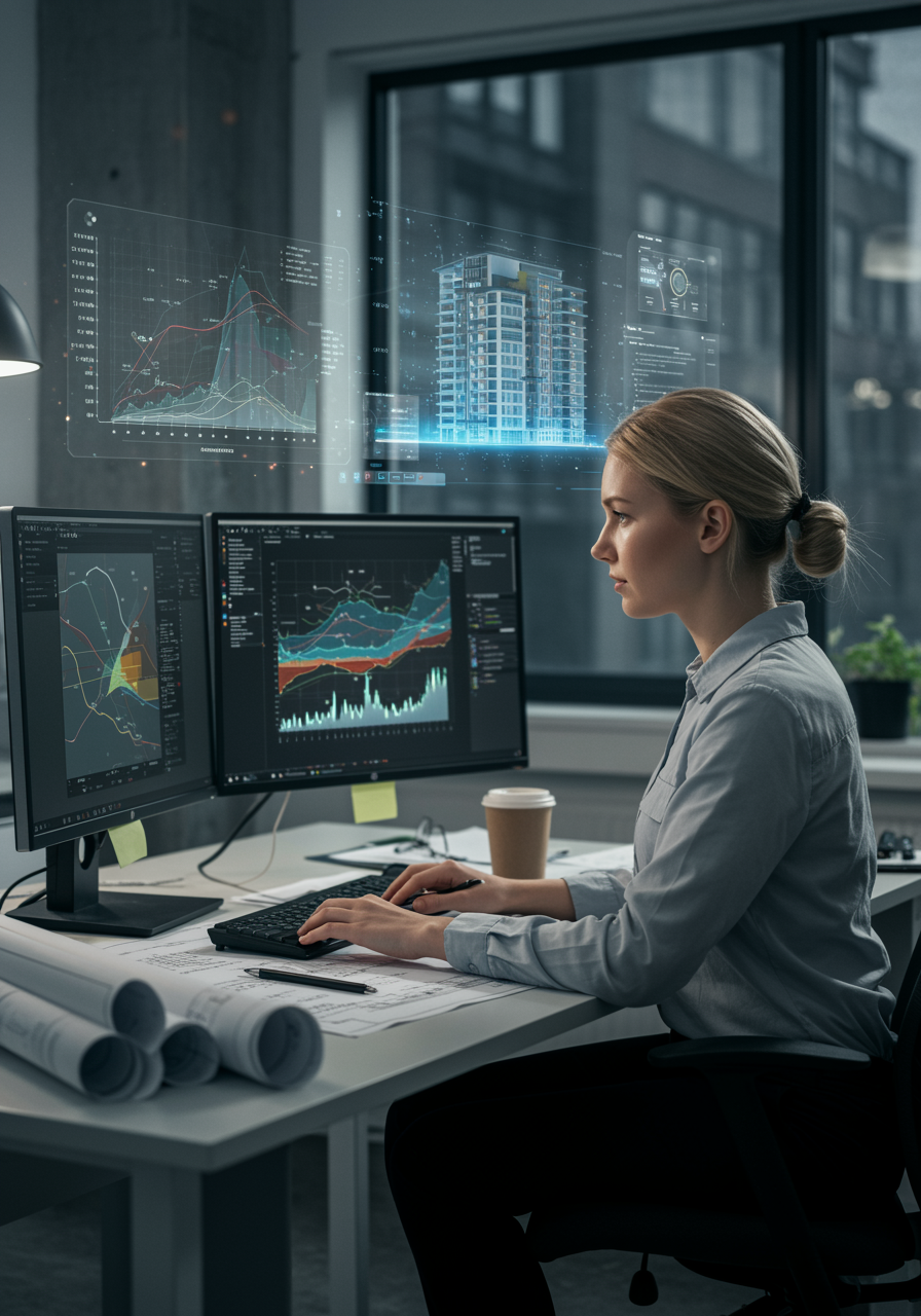 "Ingeniera blanca trabajando en simulación de energía con software en monitores dobles, rodeada de planos técnicos y modelos 3D holográficos."