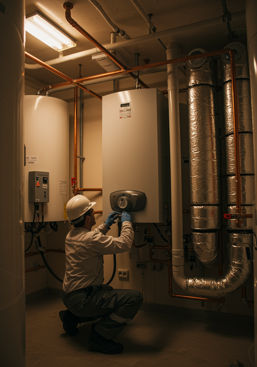 "Instalación de un moderno sistema de calefacción y calderas en un ambiente mecánico limpio, con un técnico blanco conectando tuberías y válvulas aisladas bajo luces de mantenimiento."