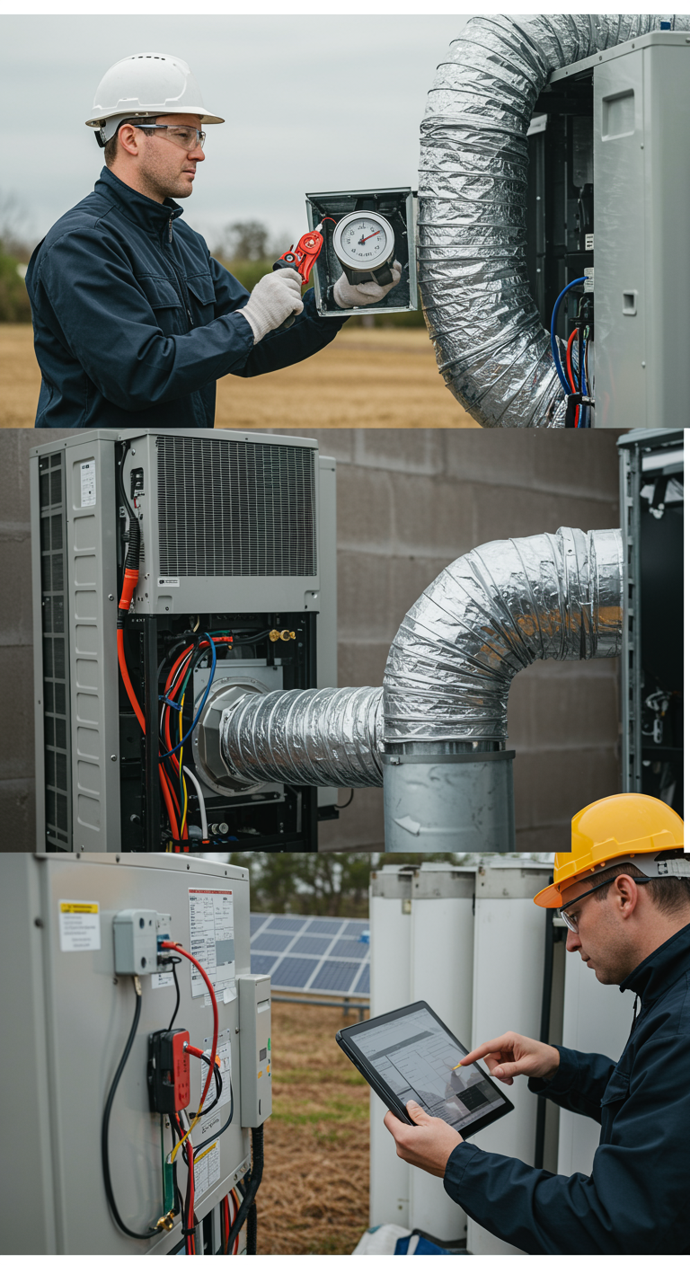 "Collage digital que muestra a un técnico calibrando un sistema HVAC, instalando ductos de ventilación, cableando paneles solares y revisando tuberías de calefacción, todo en un contexto de energía sostenible."