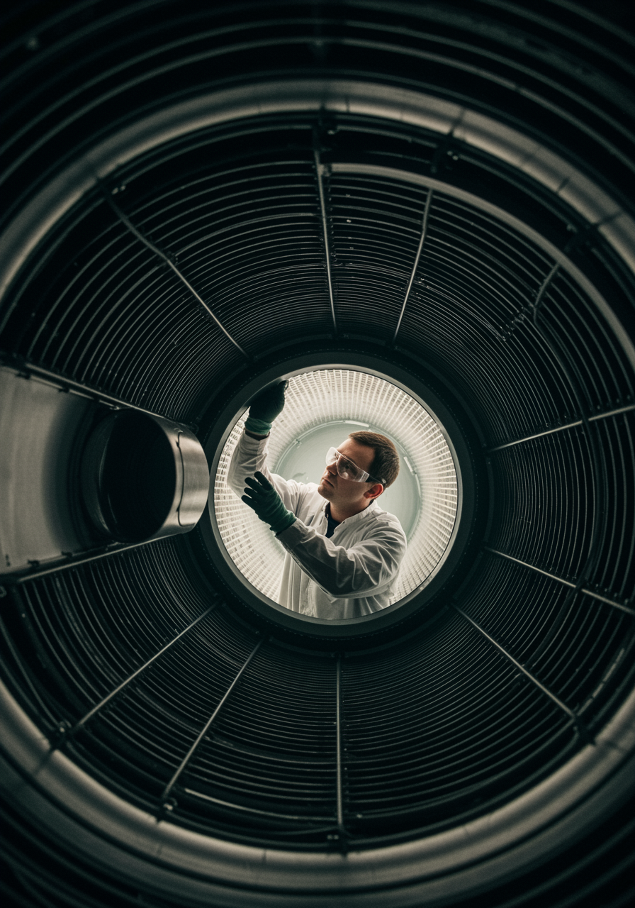 "Técnico blanco con guantes y gafas de seguridad limpiando un filtro de aire industrial en un sistema de extracción moderno, con luz filtrándose sobre superficies metálicas pulidas."