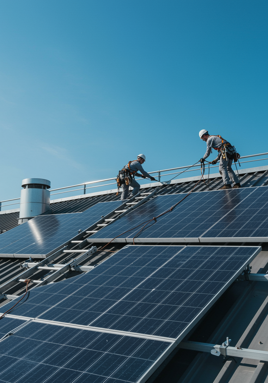 "Instalación de paneles fotovoltaicos en un techo inclinado por técnicos en arneses de seguridad, símbolo de energía limpia en un entorno industrial moderno."