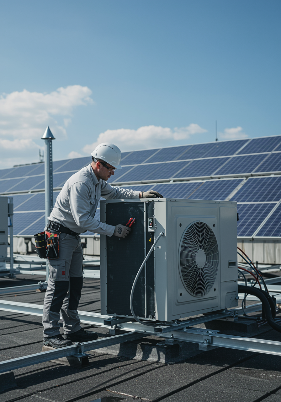 "Técnico HVAC en uniforme de trabajo ajustando una unidad de control climático en un techo industrial, rodeado de paneles solares y bajo un cielo despejado, destacando la sostenibilidad y la precisión en instalaciones de energía limpia."