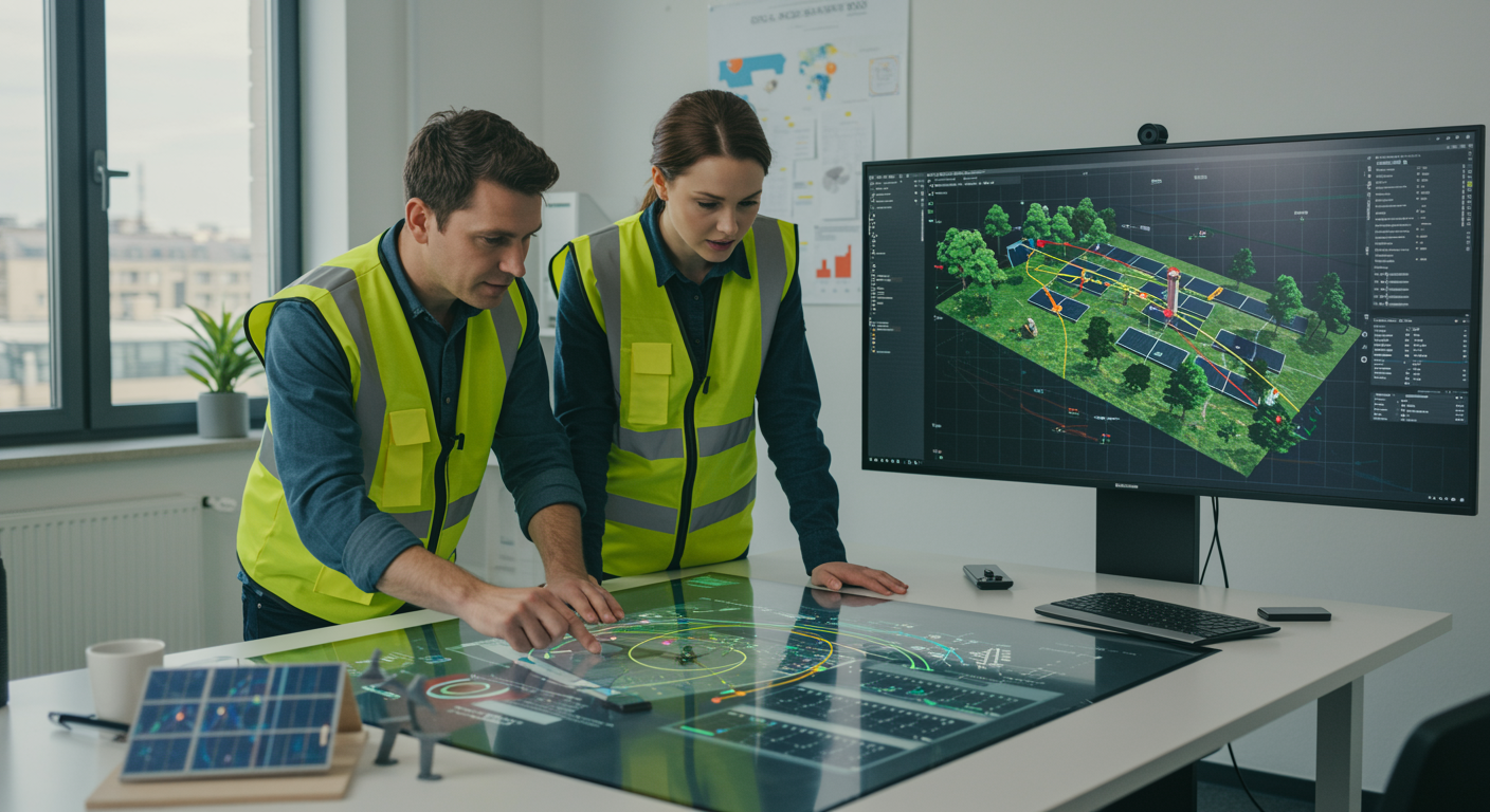 "Ilustración digital ultra-realista de ingenieros analizando una simulación de instalación de paneles solares en un entorno de oficina moderno, destacando eficiencia energética y sostenibilidad."