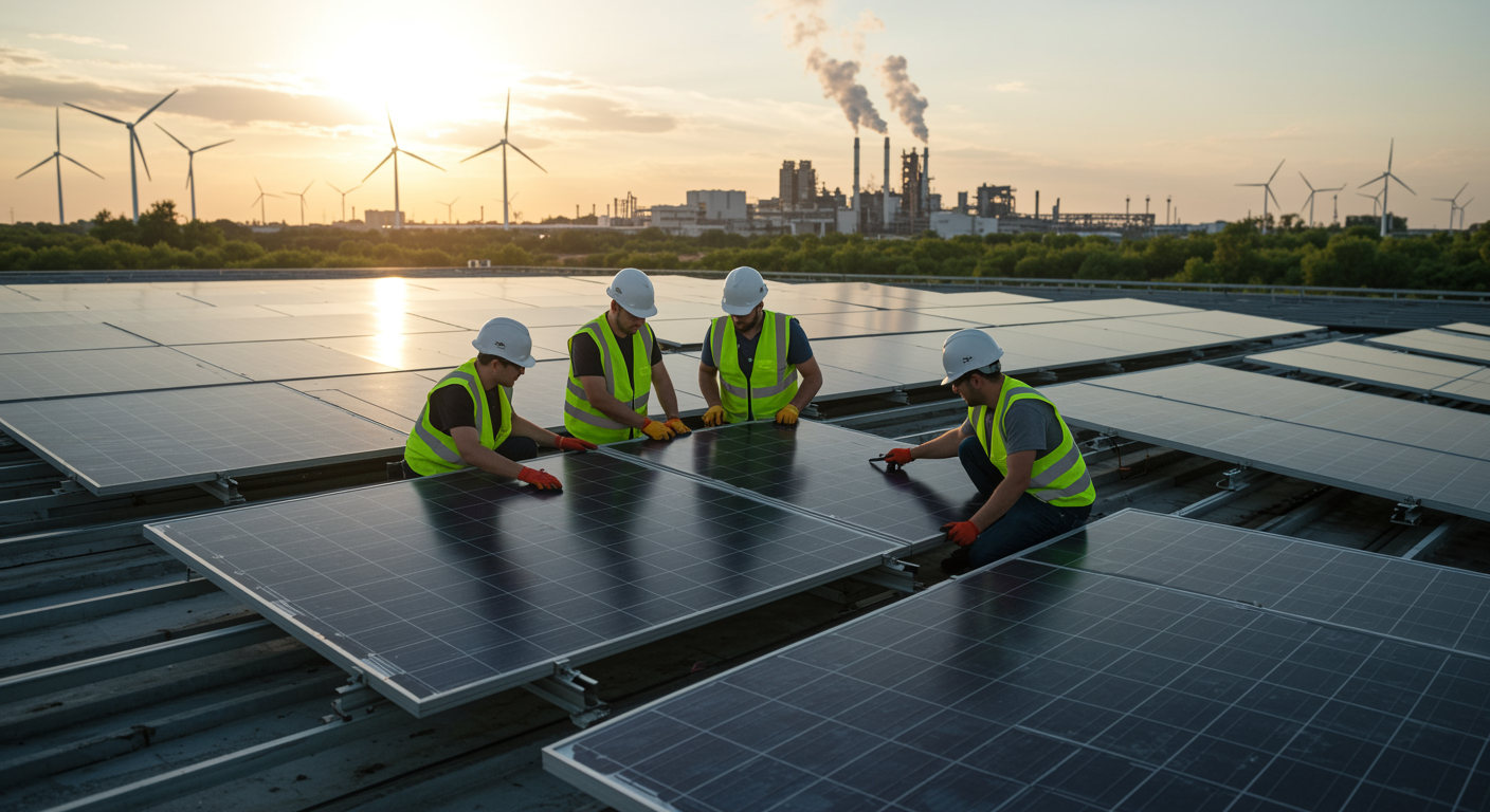 "Ingenieros industriales en casco y chaleco reflectante instalando paneles solares en una azotea industrial, destacando la sostenibilidad y energías limpias."